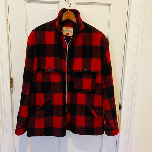 Vintage 40s Men’s Carter’s Red Black Buffalo Plaid Wool Work Wear Jacket Coat M - Picture 16 of 16